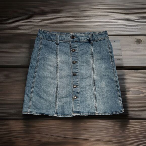 Mossimo Denim Skirt 4 (27x17) Blue Stretch A Line Button Front Womens - Picture 1 of 5